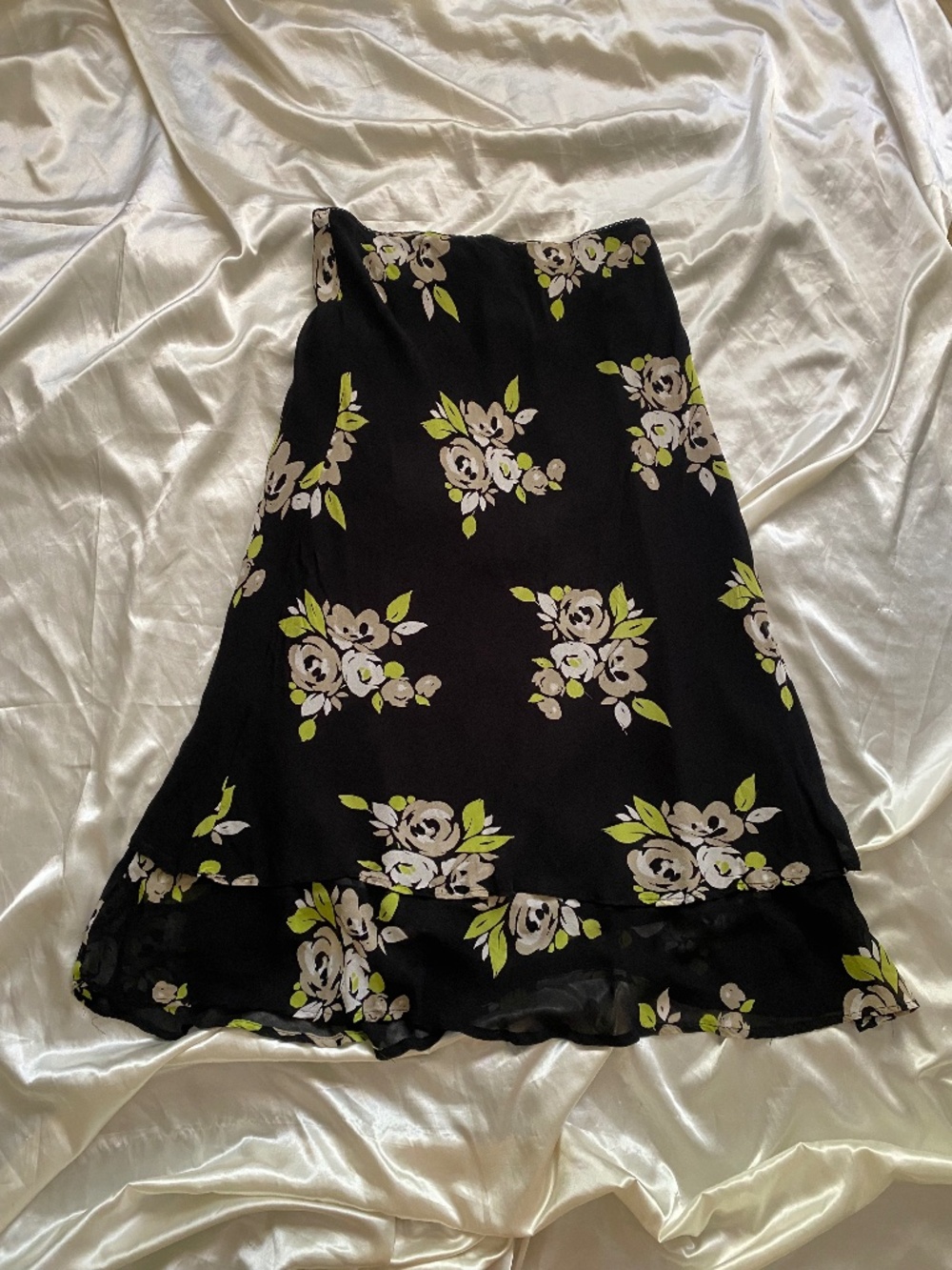 Vintage y2k Black Green Floral Layered Maxi Skirt Boho Fairy Size 12